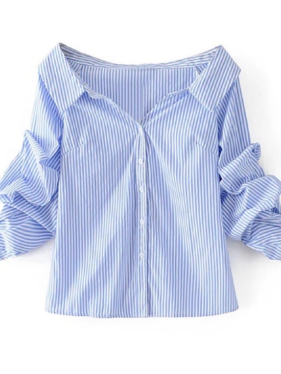 SHEIN Tops - SHEIN Blue and White Stripe Off-Shoulder Button-Down Top